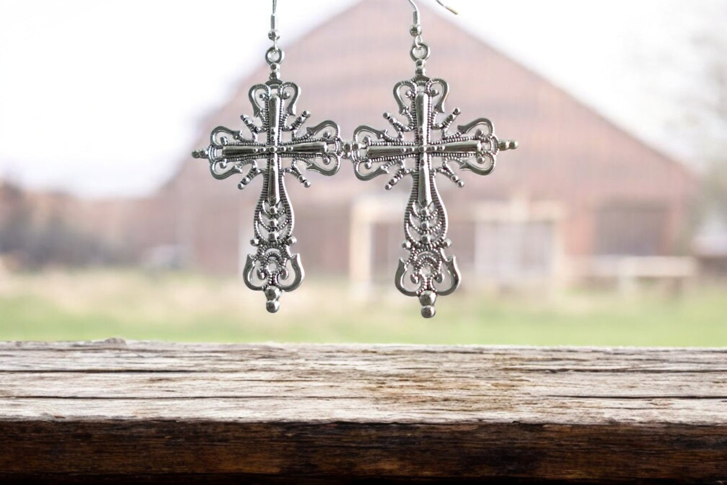 Silver Tone Cross Earrings