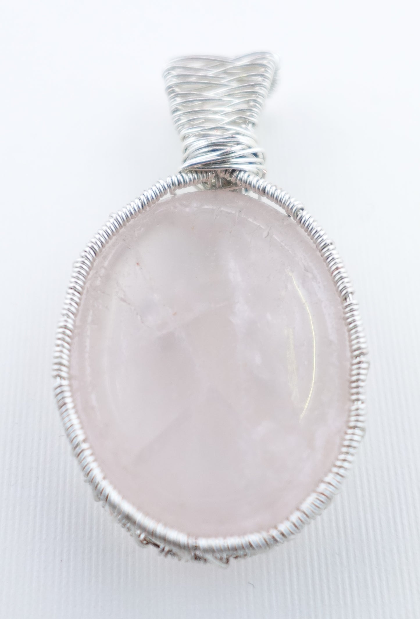 Oval Rose Quartz Worry Stone Pendant Wrapped in Silver Wire