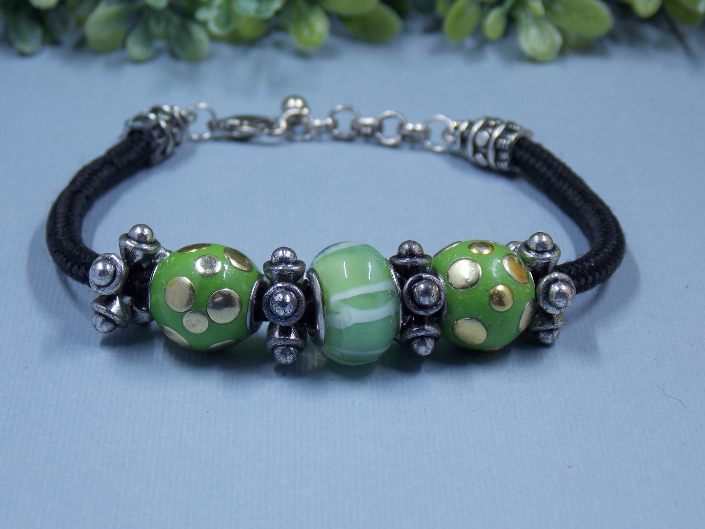 Green Lampwork Beads on Black Cord